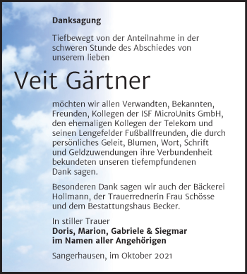 Traueranzeige von Veit Gärtner von Trauerkombi Sangerhausen