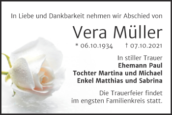 Traueranzeige von Vera Müller von Trauerkombi Bernburg