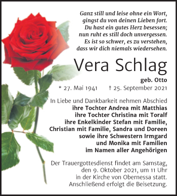 Traueranzeige von Vera Schlag von Trauerkombi Weißenfels