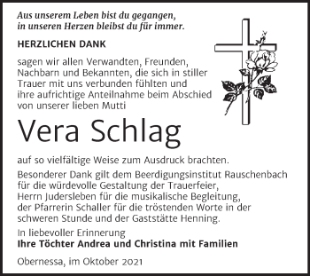 Traueranzeige von Vera Schlag von Trauerkombi Weißenfels