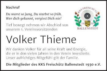 Traueranzeige von Volker Thieme von Trauerkombi Quedlinburg