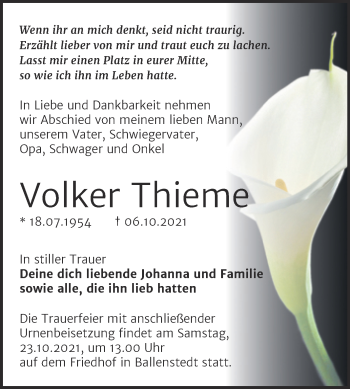 Traueranzeige von Volker Thieme von Super Sonntag Quedlingburg