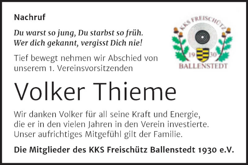  Traueranzeige für Volker Thieme vom 23.10.2021 aus Trauerkombi Quedlinburg