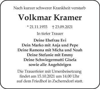 Traueranzeige von Volkmar Kramer von Trauerkombi Bitterfeld