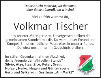 Traueranzeige von Volkmar Tischer von Trauerkombi Zeitz