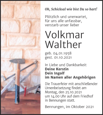 Traueranzeige von Volkmar Walther von Trauerkombi Sangerhausen