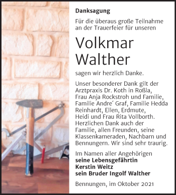 Traueranzeige von Volkmar Walther von Trauerkombi Sangerhausen