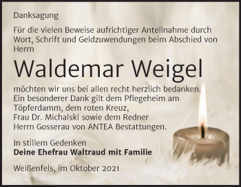 Traueranzeige von Waldemar Weigel von Trauerkombi Weißenfels