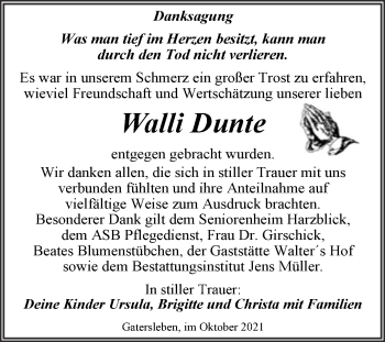 Traueranzeige von Walli Dunte von Trauerkombi Aschersleben