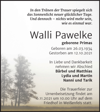 Traueranzeige von Walli Pawelke von Mitteldeutsche Zeitung Weißenfels