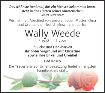 Traueranzeige von Wally Weede von Naumburger Tageblatt