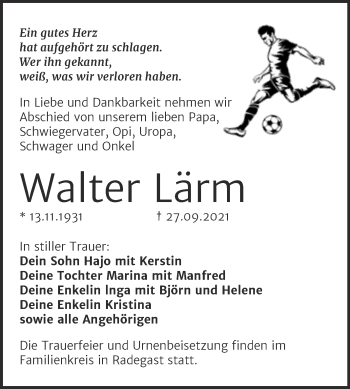 Traueranzeige von Walter Lärm von Trauerkombi Köthen