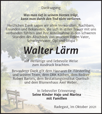 Traueranzeige von Walter Lärm von Trauerkombi Köthen
