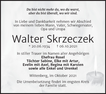 Traueranzeige von Walter Skrzeczek von Trauerkombi Wittenberg