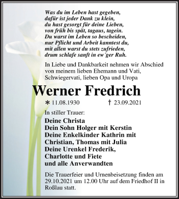 Traueranzeige von Werner Fredrich von Trauerkombi Dessau
