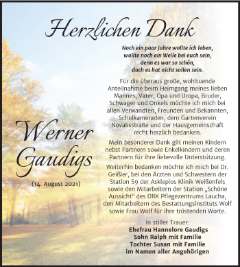Traueranzeige von Werner Gaudigs von Trauerkombi Weißenfels