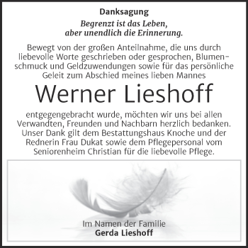 Traueranzeige von Werner Lieshoff von Trauerkombi Aschersleben