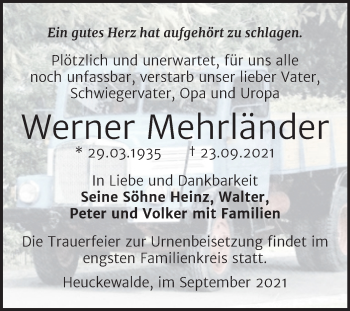 Traueranzeige von Werner Mehrländer von Trauerkombi Zeitz