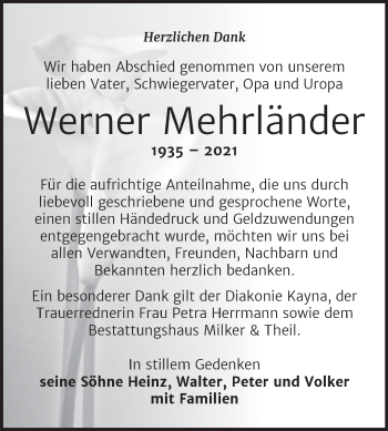 Traueranzeige von Werner Mehrländer von Trauerkombi Zeitz