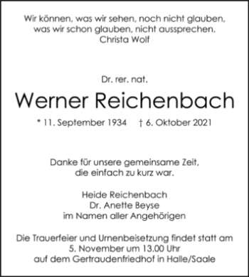 Traueranzeige von Werner Reichenbach von Mitteldeutsche Zeitung Halle/Saalkreis