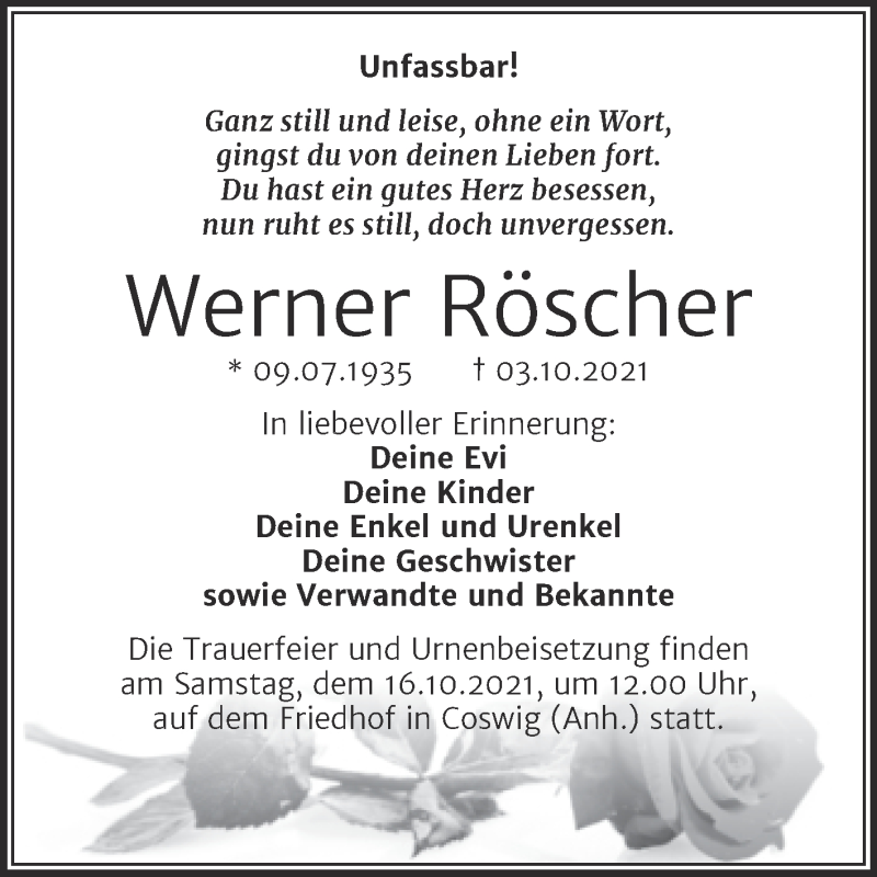  Traueranzeige für Werner Röscher vom 11.10.2021 aus Mitteldeutsche Zeitung