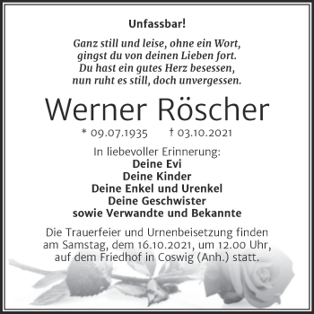 Traueranzeige von Werner Röscher von Mitteldeutsche Zeitung