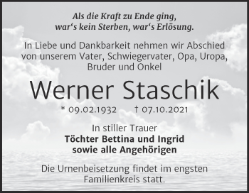 Traueranzeige von Werner Staschik von Trauerkombi Bernburg