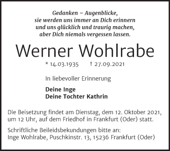 Traueranzeige von Werner Wohlrabe von Mitteldeutsche Zeitung