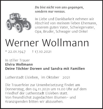 Traueranzeige von Werner Wollmann von Trauerkombi Mansfelder Land