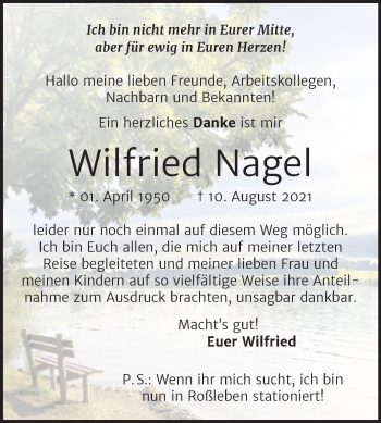 Traueranzeige von Wilfried Nagel von Trauerkombi Bitterfeld