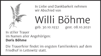 Traueranzeige von Willi Böhme von Mitteldeutsche Zeitung Halle/Saalkreis