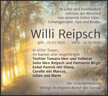 Traueranzeige von Willi Reipsch von Trauerkombi Bernburg