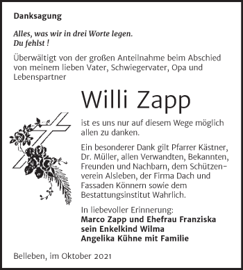 Traueranzeige von Willi Zapp von Trauerkombi Bernburg