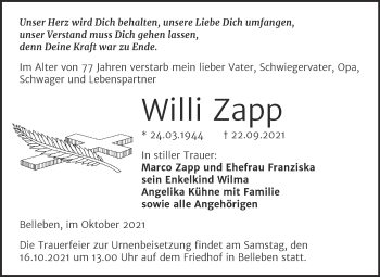 Traueranzeige von Willi Zapp von Trauerkombi Bernburg