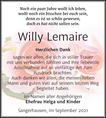 Traueranzeige von Willy Lemaire von Trauerkombi Sangerhausen