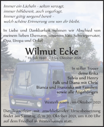 Traueranzeige von Wilmut Ecke von Trauerkombi Quedlinburg