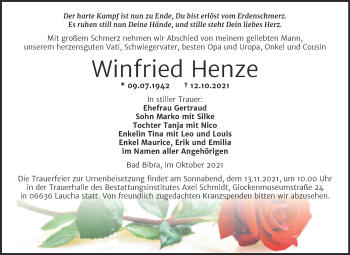Traueranzeige von Winfried Henze von Wochenspiegel Naumburg/Nebra
