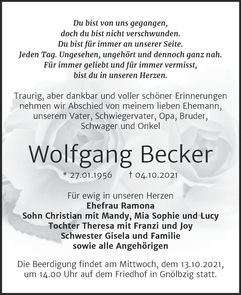  Traueranzeige für Wolfgang Becker vom 09.10.2021 aus Trauerkombi Bernburg