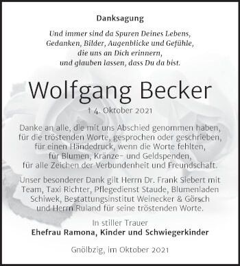 Traueranzeige von Wolfgang Becker von Trauerkombi Bernburg