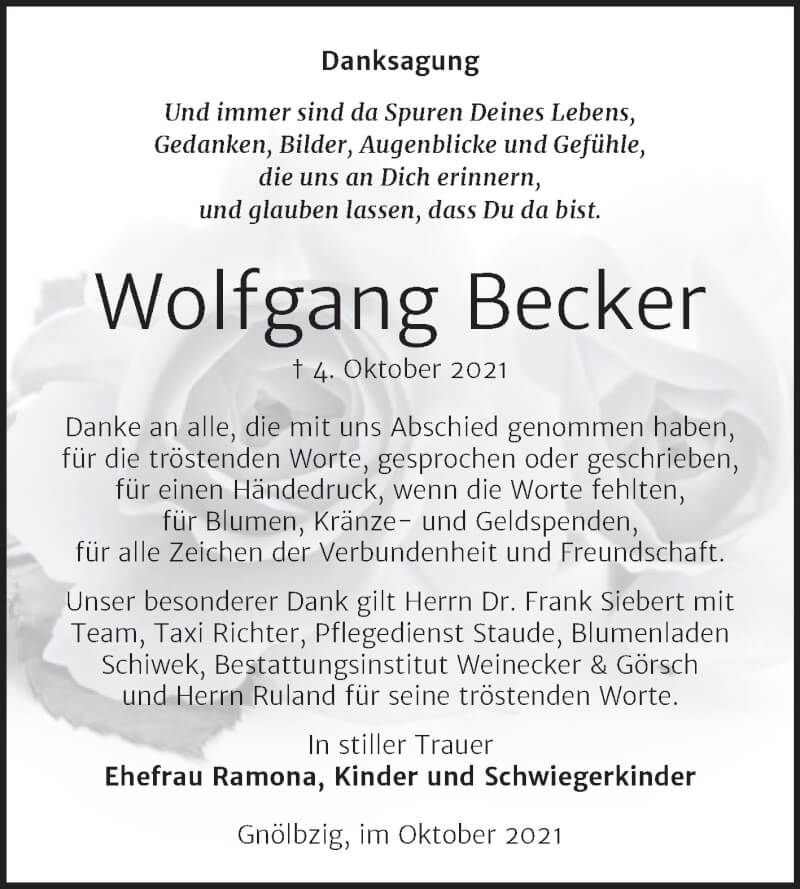  Traueranzeige für Wolfgang Becker vom 23.10.2021 aus Trauerkombi Bernburg