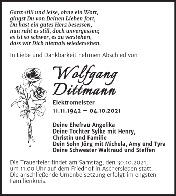 Traueranzeige von Wolfgang Dittmann von Trauerkombi Aschersleben