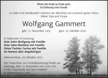 Traueranzeige von Wolfgang Gammert von Trauerkombi Weißenfels