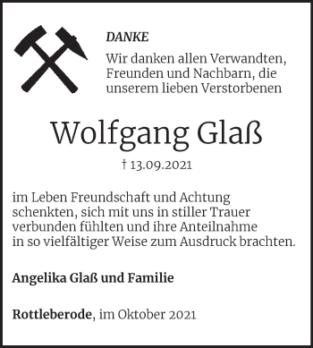 Traueranzeige von Wolfgang Glaß von Mitteldeutsche Zeitung Sangerhausen