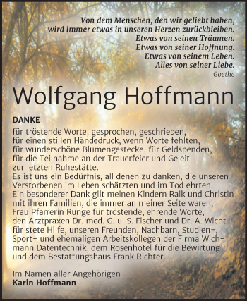 Traueranzeige von Wolfgang Hoffmann von Trauerkombi Sangerhausen