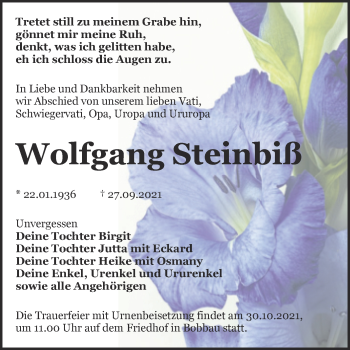 Traueranzeige von Wolfgang Steinbiß von Trauerkombi Bitterfeld