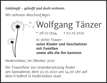 Traueranzeige von Wolfgang Tänzer von Trauerkombi Mansfelder Land
