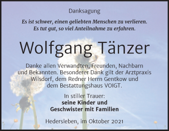 Traueranzeige von Wolfgang Tänzer von Trauerkombi Mansfelder Land