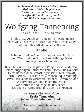 Traueranzeige von Wolfgang Tannebring von Trauerkombi Merseburg