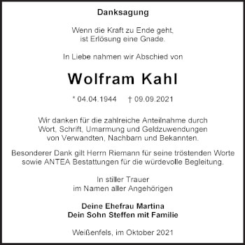 Traueranzeige von Wolfram Kahl von Mitteldeutsche Zeitung Weißenfels