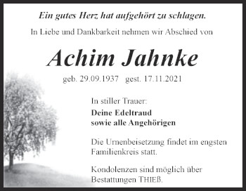 Traueranzeige von Achim Jahnke von Trauerkombi Quedlinburg